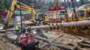 Pipefitters, left, work to connect a long segment of pipe that is being suspended in air to make it ready to be pulled undergroud in a residential area of West Chester, PA, on Ship Road and South Pullman Drive as part of the Mariner East pipeline that is going through the area on November 11, 2019.  The Mariner East pipeline is continuing to be constructed in Delaware and Chester Counties by Sunoco Energy Transfer Partners, much to the consternation of many of the residents of the area.