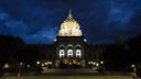 View of the south side of the Pennsylvania State Capitol Complex at night.