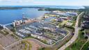 An aerial shot of Erie’s bayfront district.