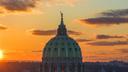 The sun rises over the state Capitol building in Harrisburg, Pennsylvania.