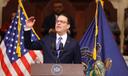 Gov. Josh Shapiro delivers his budget address in the Capitol rotunda on Feb. 6, 2024.