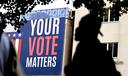 A banner along Spring Garden Street reminds Philadelphia citizens it is Election Day on Tuesday, May 16, 2023.