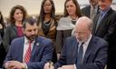 Gov. Tom Wolf (right) signed a bill in 2019 regarding child victims of sex abuse while Mark Rozzi looked on.