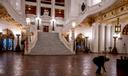 Robert Turner cleans the Moravian tiled floor after hours in the rotunda of the Pennsylvania Capitol in Harrisburg.