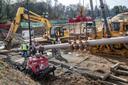 Pipefitters, left, work to connect a long segment of pipe that is being suspended in air to make it ready to be pulled undergroud in a residential area of West Chester, PA, on Ship Road and South Pullman Drive as part of the Mariner East pipeline that is going through the area on November 11, 2019.  The Mariner East pipeline is continuing to be constructed in Delaware and Chester Counties by Sunoco Energy Transfer Partners, much to the consternation of many of the residents of the area.