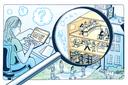 Illustration of a woman working at a laptop and a magnifying glass focused on local government offices.