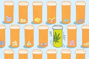 Pill bottles in a grid. One bottle has a marijuana leaf label on it.