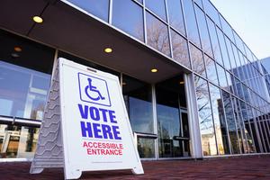 A voting sign sits Nov. 8, 2022, outside Allentown Public Library in Allentown, Lehigh County, Pennsylvania.