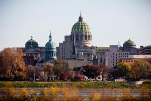 The Pennsylvania Capitol in Harrisburg is seen in fall.