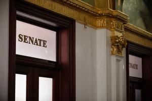 A sign that reads Senate inside the Pennsylvania Capitol in Harrisburg.