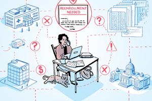 An illustration showing confusion around the Medicaid reenrollment process.