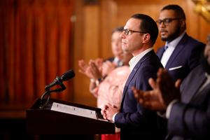 Gov. Josh Shapiro speaks on Dec. 13, 2023 after signing the final parts of the year's state budget.