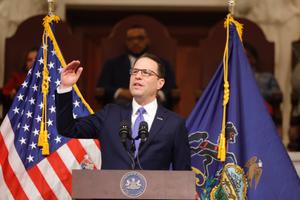 Gov. Josh Shapiro delivers his budget address in the Capitol rotunda on Feb. 6, 2024.