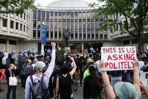 Protesters gather in front of the Philadelphia Police Headquarters in Philadelphia, Pa. in May 2020. 