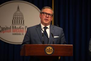 Secretary of the Commonwealth Al Schmidt holds a news conference at the Capitol in Harrisburg.