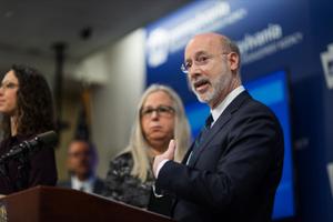 Gov. Tom Wolf speaks during a press conference, which confirmed the first two presumptive positive cases of 2019 Novel Coronavirus (COVID-19) in Pennsylvania and reminded residents that the commonwealth is prepared to respond to community spread of this virus, inside PEMA headquarters on Wednesday, March 4, 2020. 