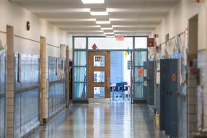 A hallway in an elementary school.