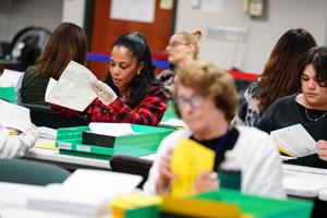 Mail ballots are sorted and counted in Allentown, Pennsylvania, on Election Day November 2022.