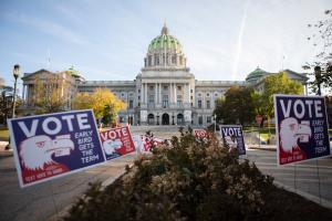 Pennsylvania’s capitol building in Harrisburg on the morning of Election Day. November 3, 2020.