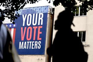 A banner along Spring Garden Street reminds Philadelphia citizens it is Election Day on Tuesday, May 16, 2023.