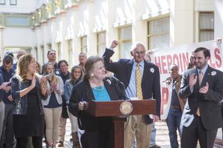 Deb Beck (center) and Rep. Gene DiGirolamo (center right) at a 2017 rally opposing Gov. Tom Wolf's proposal to consolidate the Department of Drug and Alcohol Programs with another agency.