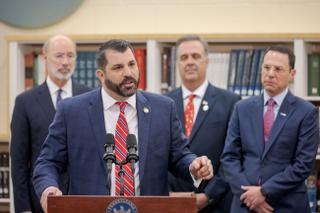 House Speaker Mark Rozzi (center) is shown here in 2019 with Gov. Tom Wolf (left) and Gov.-elect Josh Shapiro (right)