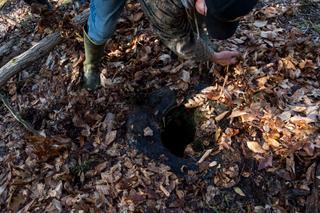 Joe Thomas clears leaves from an abandoned well on the Duke Center, Pa. property he and his wife, Cheryl, own.